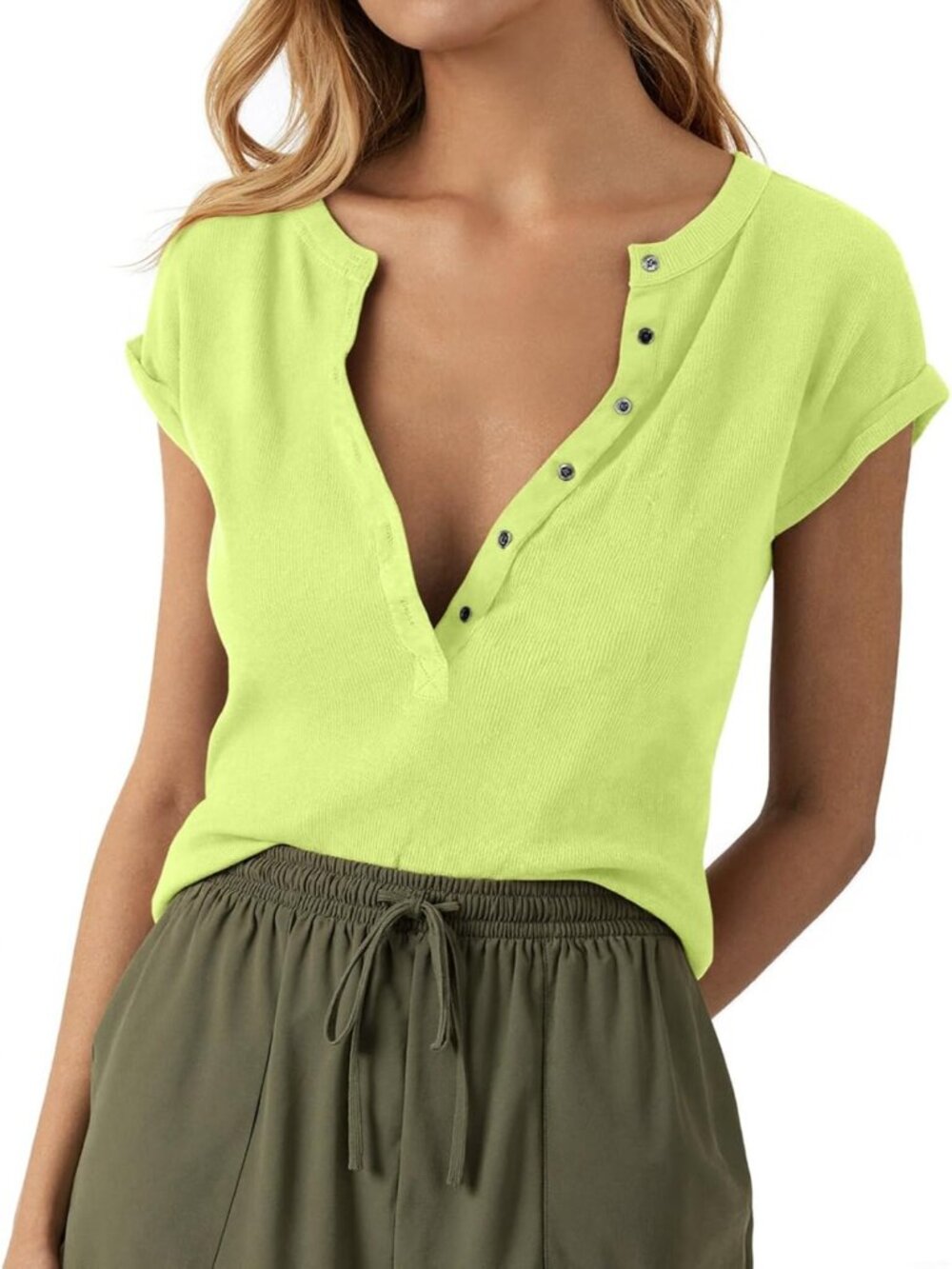 Women's Yellow V Neck Low Cut Casual Ribbed Knit Henley Short Sleeve T-shirts